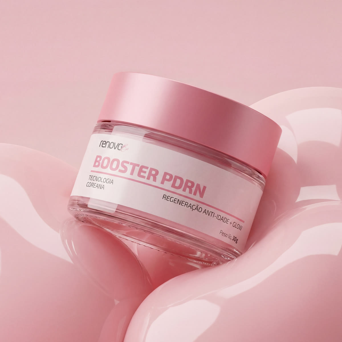 Pote do Booster PDRN deitado sobre gel rosa, com fundo rosa