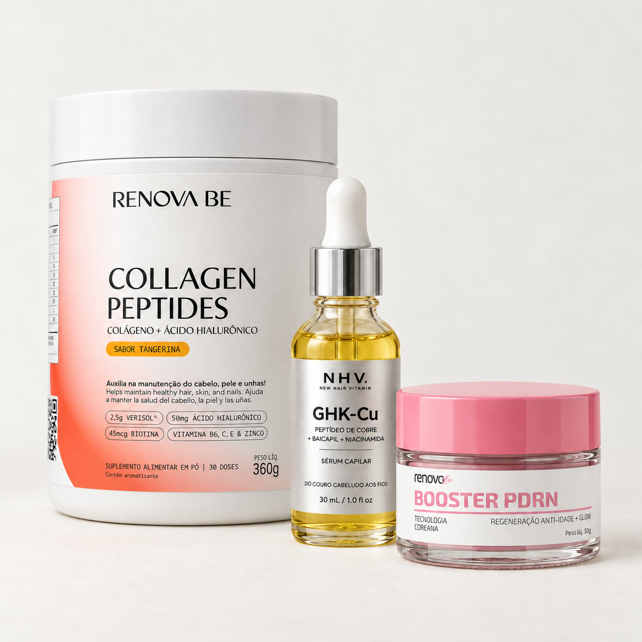 Um pote de Collagen Peptides, um frasco do Sérum GHK-Cu e um pote de Booster PDRN
